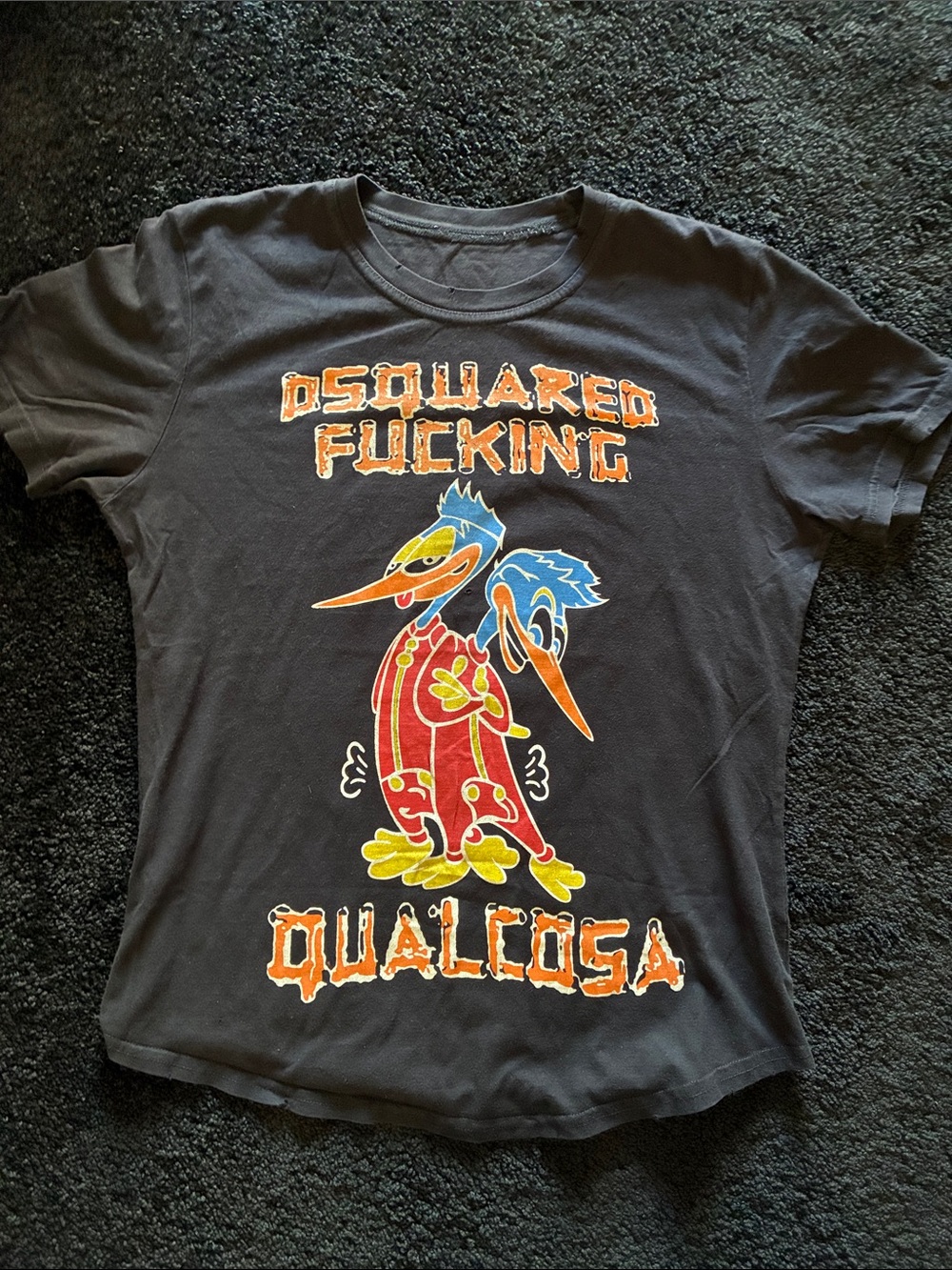 DSQUARED2 Distressed Black T with Orange, Blue and Red Birds Medium 41” chest